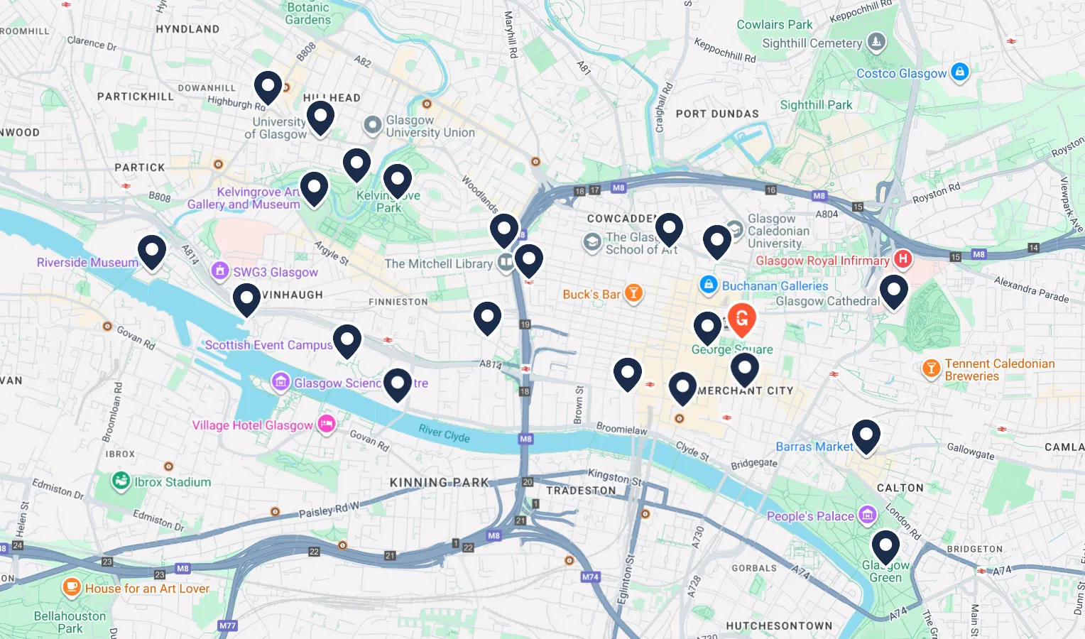 Glasgow hop on hop off bus map showing red and yellow route with 40+ stops across the city